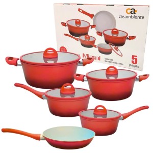 Jogo de Panelas de Indução Cerâmico Miami Vermelho 5 Peças